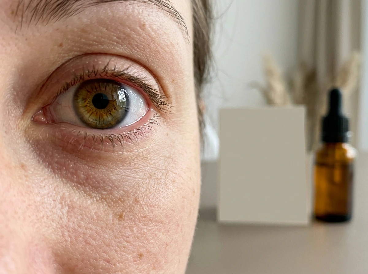 Side effects example: iris pigmentation risk shown with safe, subtle visual context