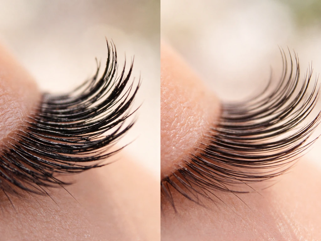 Macro view of mascara-coated versus uncoated eyelashes showing clumping and stiffness.