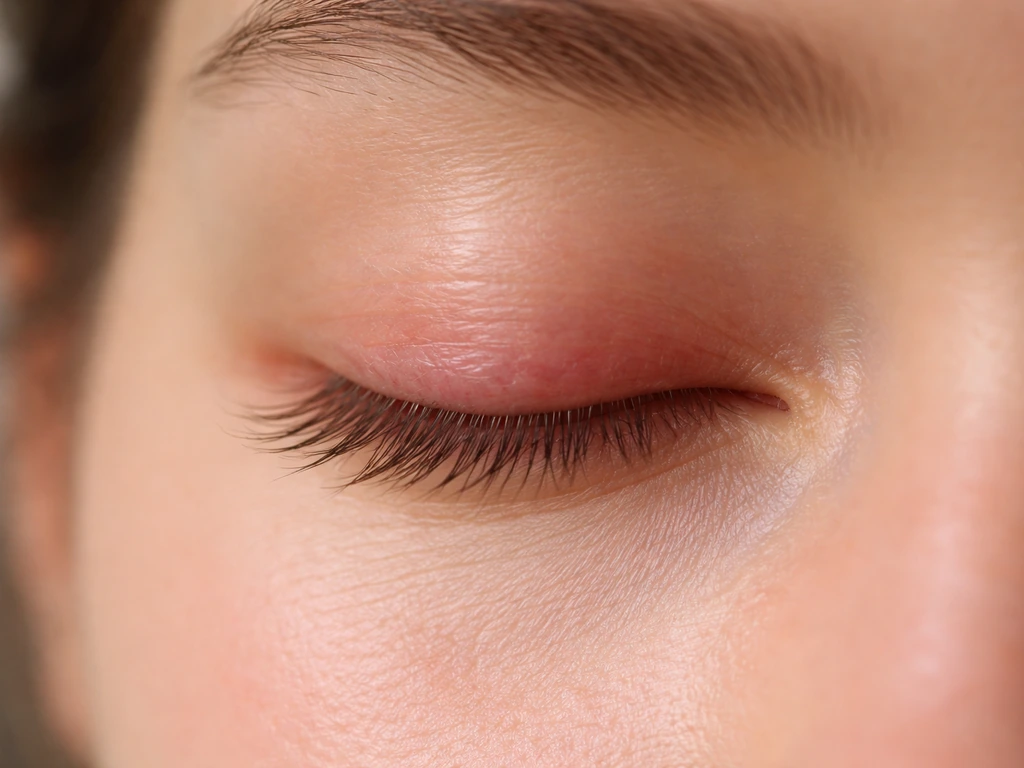 Closed eye with subtle upper eyelid redness and irritation suggesting contact dermatitis.