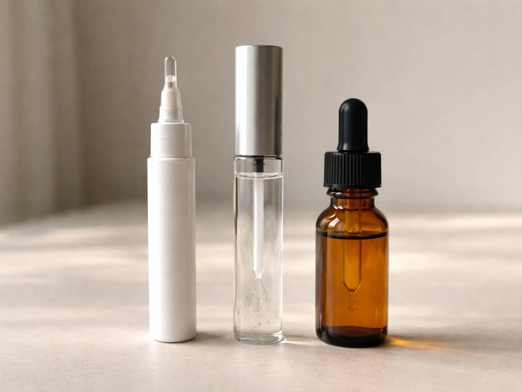 Three lash-growth product options on a clean table: dropper applicator, serum bottle, and oil dropper.