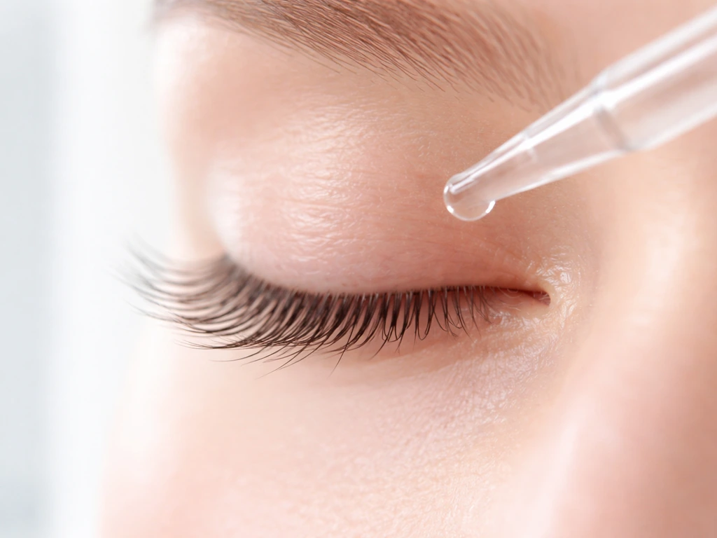 Bright close-up of upper eyelashes with a clear dropper hovering near the eyelid.