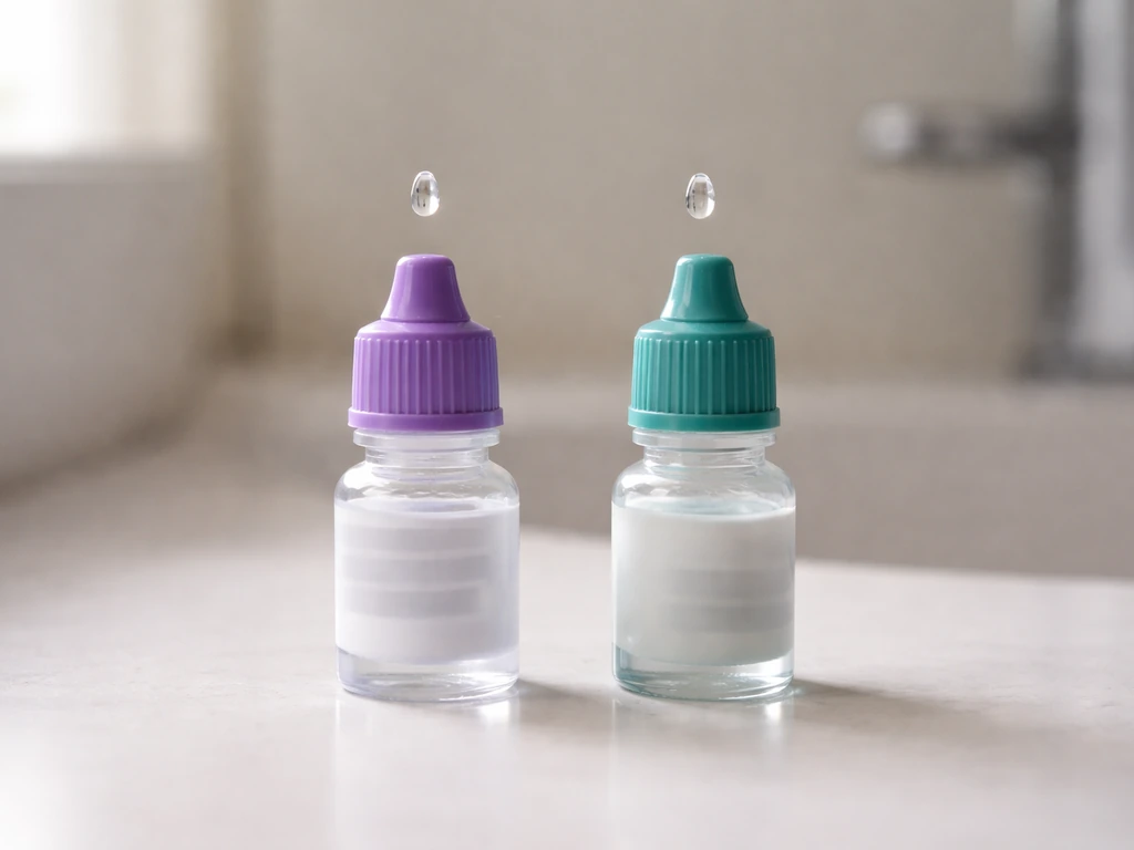 Two eye-drop bottles side by side on a bathroom counter with a suspended drop above each.