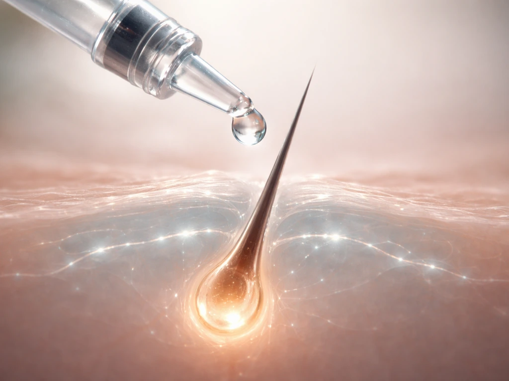 Macro view of clear liquid reaching a translucent lash-follicle model with subtle light pathways.