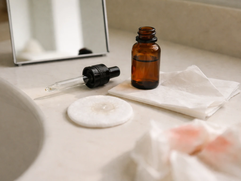 Minimal bathroom counter with an eye-dropper bottle and cotton pad, suggesting common eye-area irritation risks.