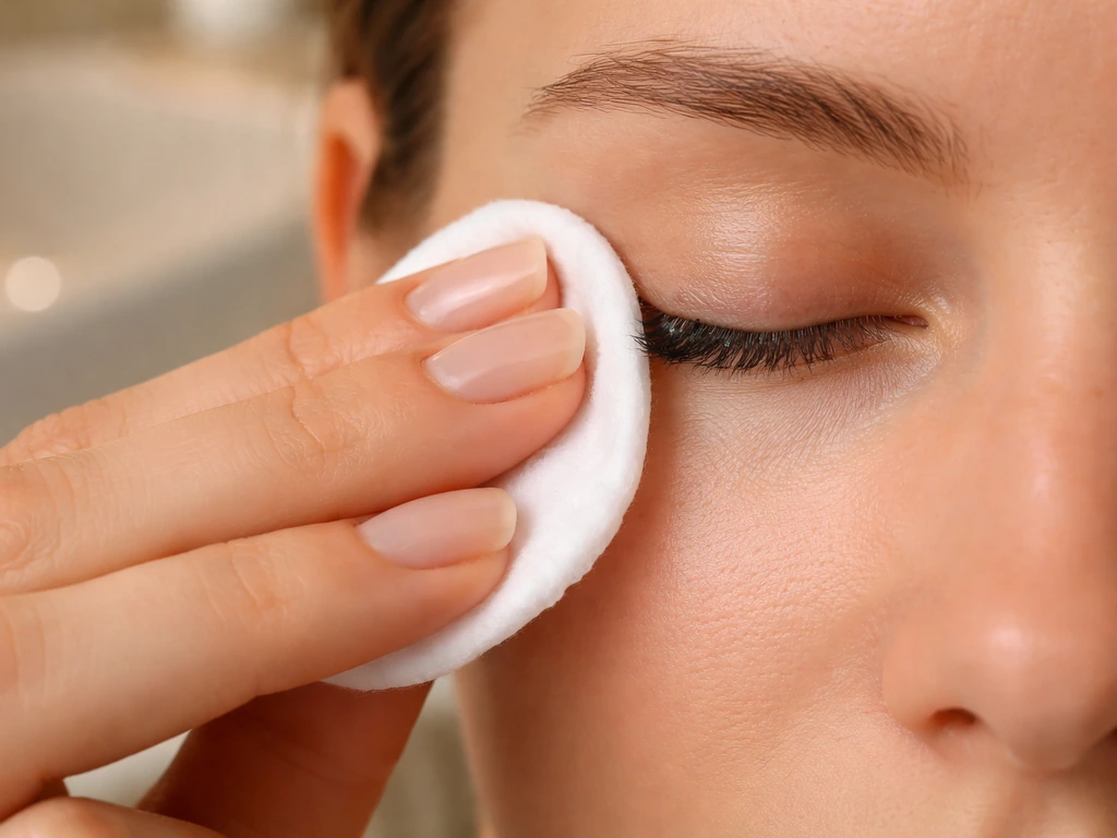 Close-up of a cotton pad gently pressing oil-based cleanser along the lash line in a simple bathroom setting.