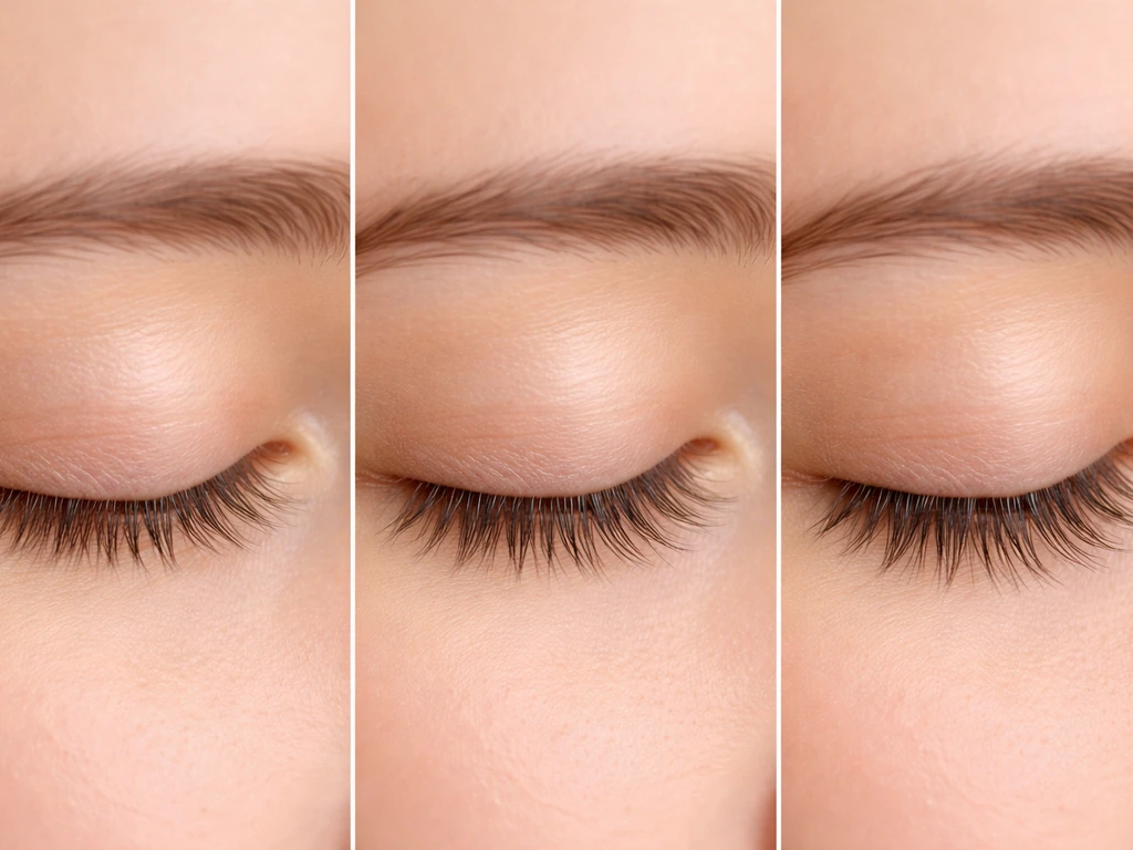 Minimal timeline-style sequence of lashes regrowing from sparse to fuller length over months on a neutral background.