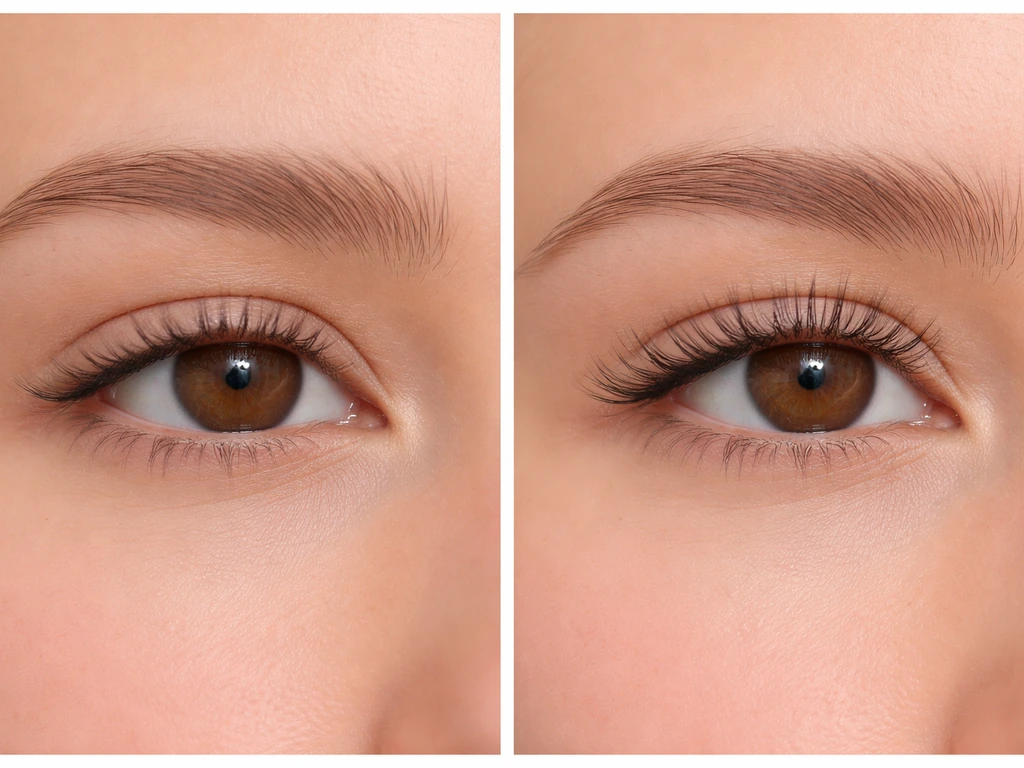 Close-up eyes showing shorter, sparser lashes transitioning to longer, thicker lashes side-by-side.