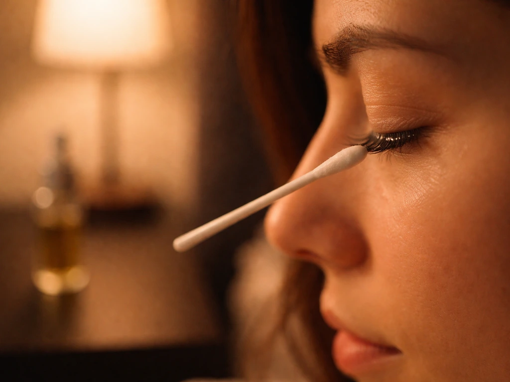 Closeup of a cotton swab applying lash conditioning oil along the lash line at night.