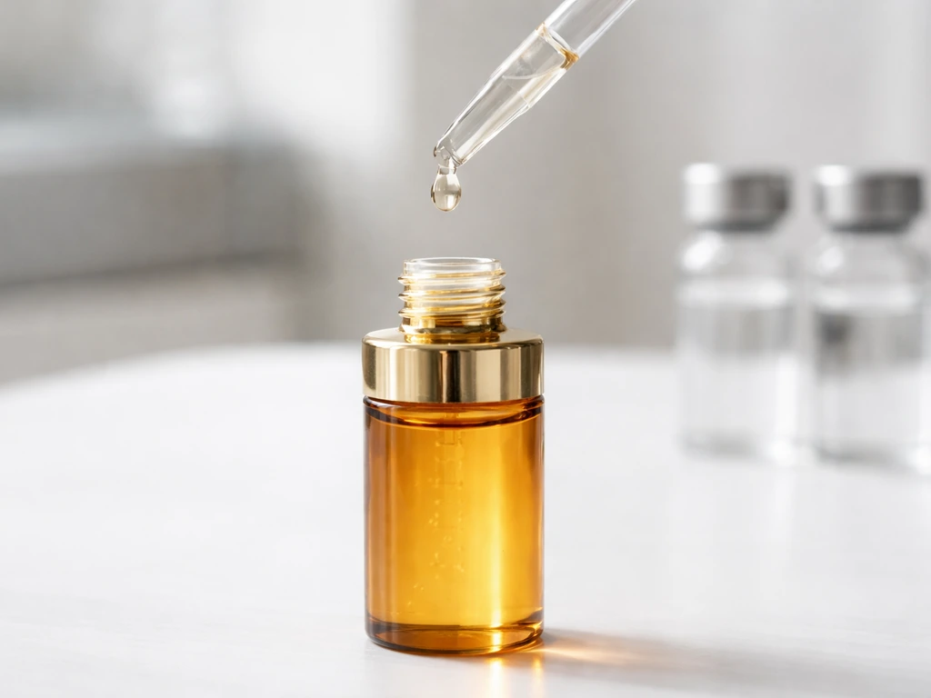 Close-up of an eyelash serum dropper with a small bottle in a clean clinical setting.