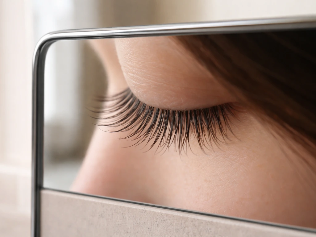 Close-up of upper eyelashes in a mirror, showing some lashes angled downward.