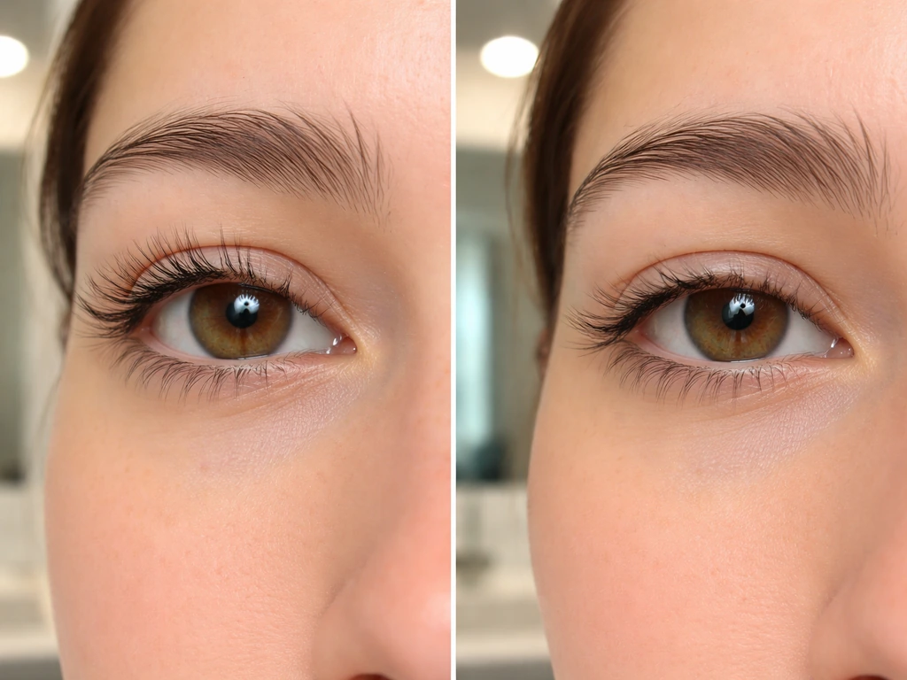 Split close-up of eye lashes showing normal outward/upward direction vs downward-pointing misdirected lashes.