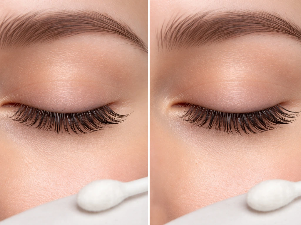Close-up of two lash conditions: healthy lashes beside damaged, bent and kinked lashes after irritation.