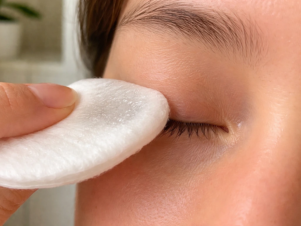 Cotton swab pressed gently at the lash line with micellar water in soft natural light.