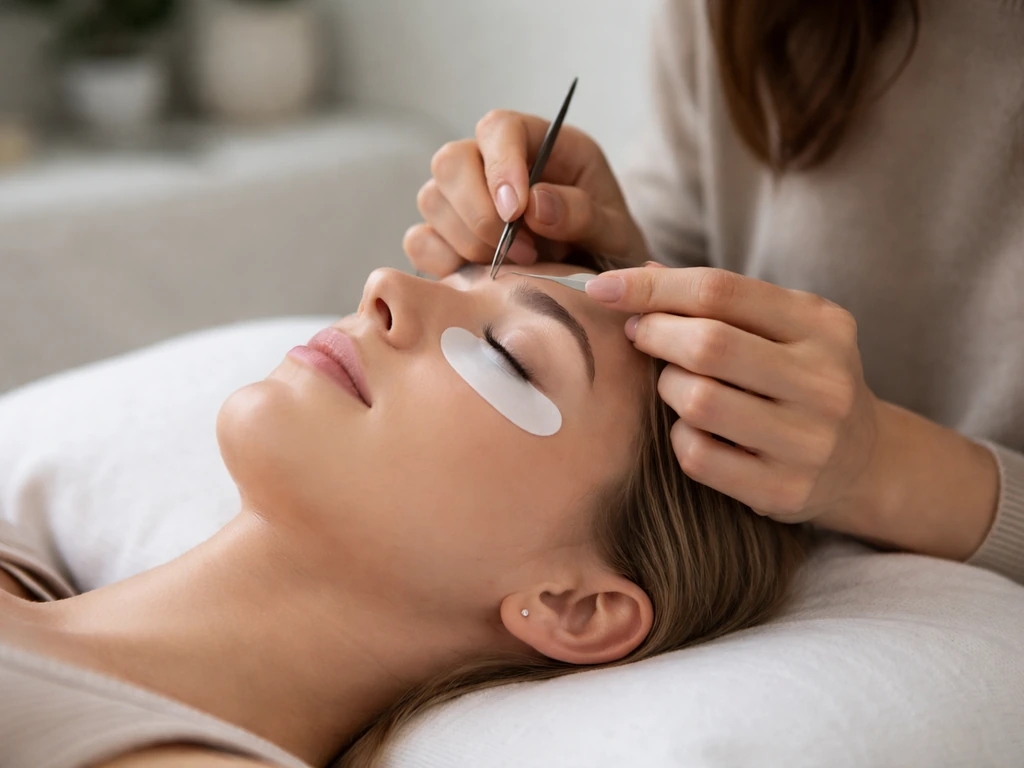 Lash technician mapping and adjusting a client’s closed eyes for a corrective lash lift in a quiet clinic.