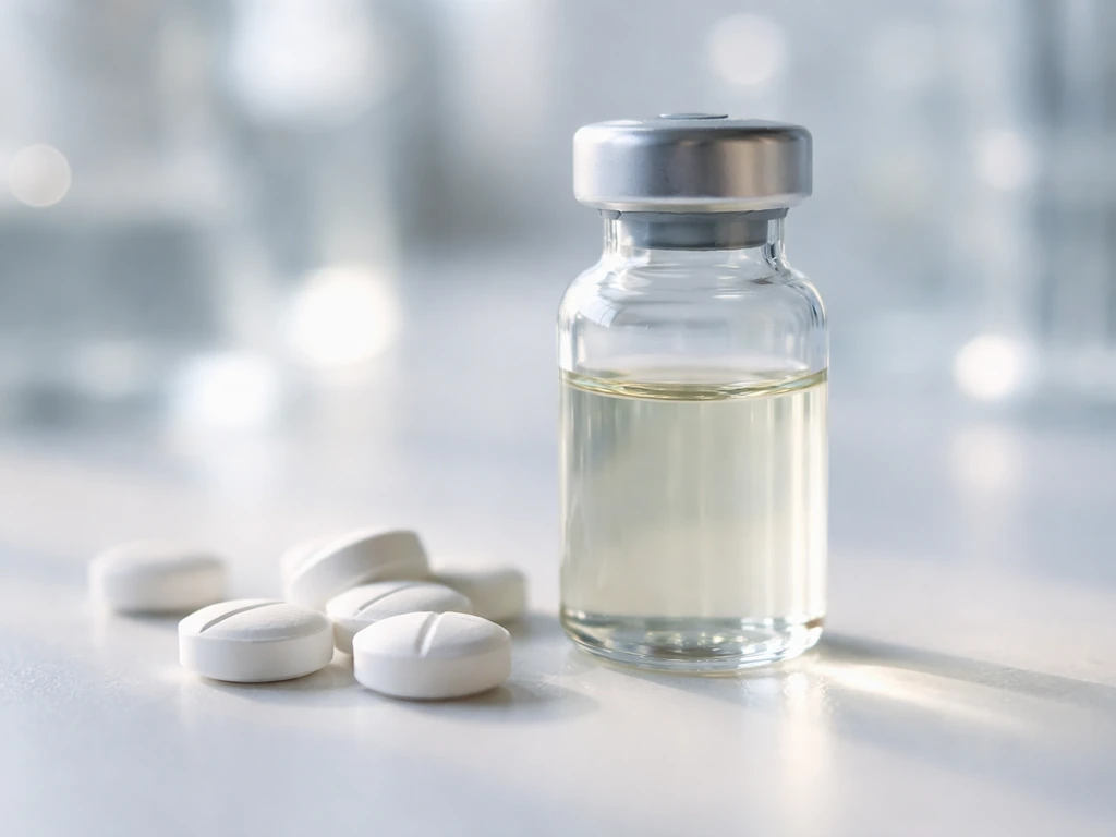 Macro close-up of a small vial with medication tablets nearby, suggesting a drug ingredient.