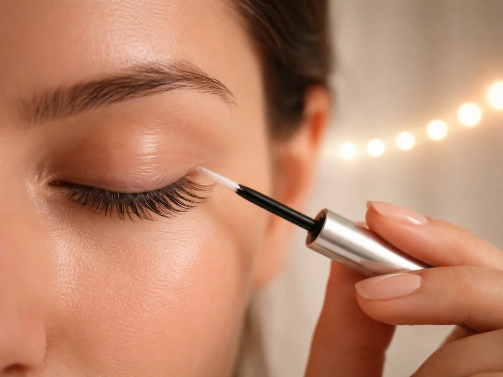 Close-up of hands applying clear gel to an eyelid with a subtle week-to-month progression background blur.