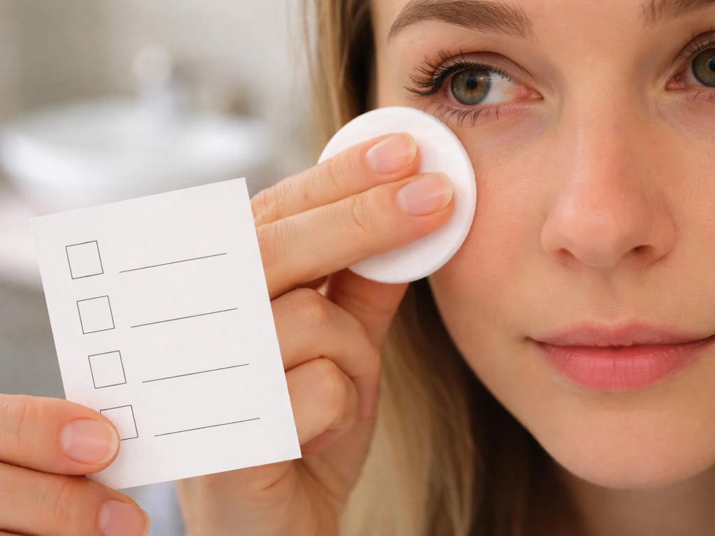 Close-up of a person’s eye with mild redness, holding a cotton pad and a blank checklist card.