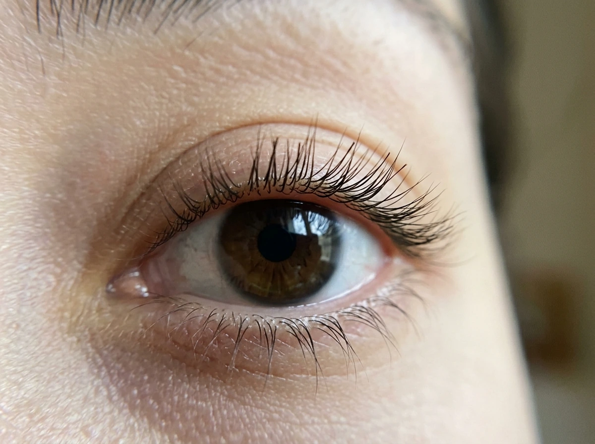 Close-up of an eye focusing on eyelashes with slightly shortened tips after trimming