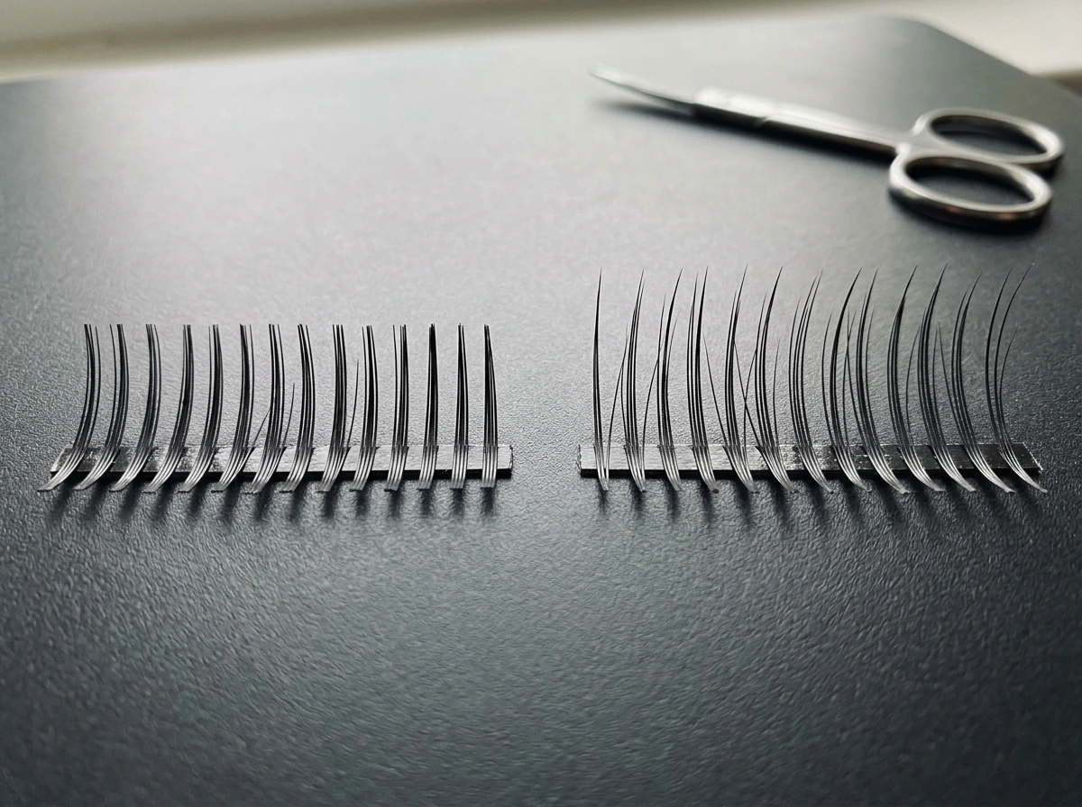 Close-up comparison of lash length before and after trimming myth-busting