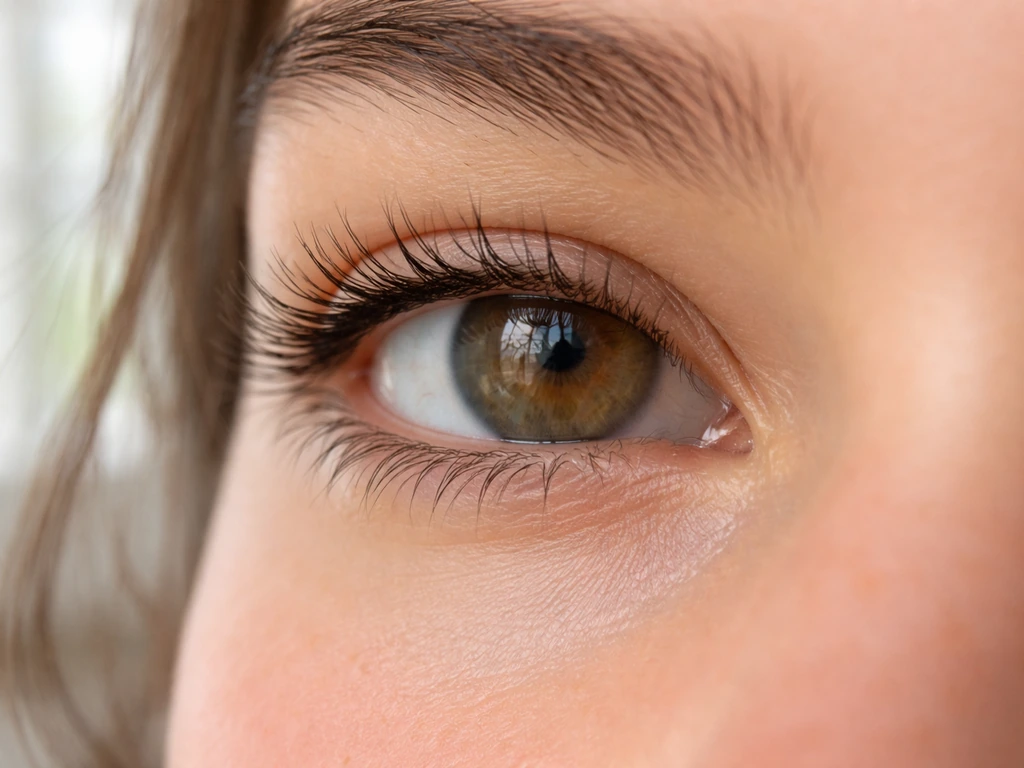 Macro close-up of natural healthy eyelashes with bright window light and minimal makeup.