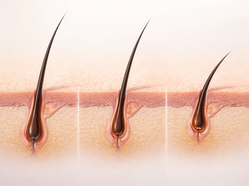 Macro photo-style view of an eyelash follicle showing anagen, catagen, and telogen phases without text.