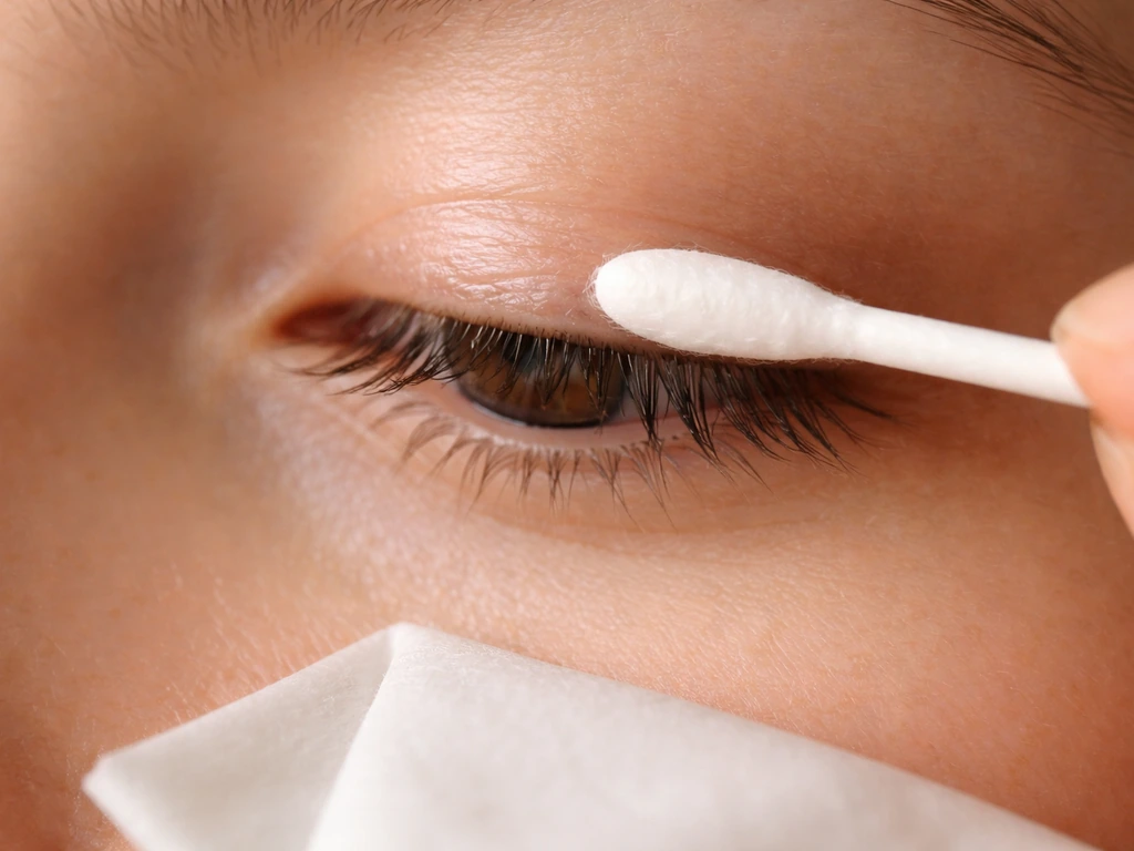 Macro close-up of gentle eyelid margin cleansing with a cotton swab along the lash line.