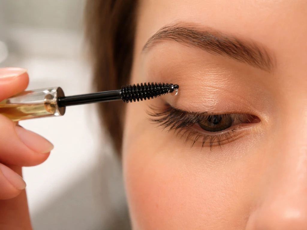 Clean mascara wand applying a tiny drop of oil just above the upper lash line, not touching the eye.