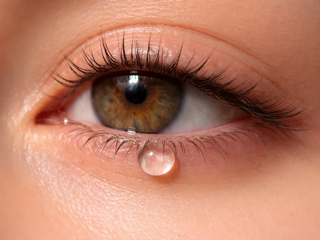 Macro close-up of eyelashes with a small water droplet near the lash line, suggesting hydration.