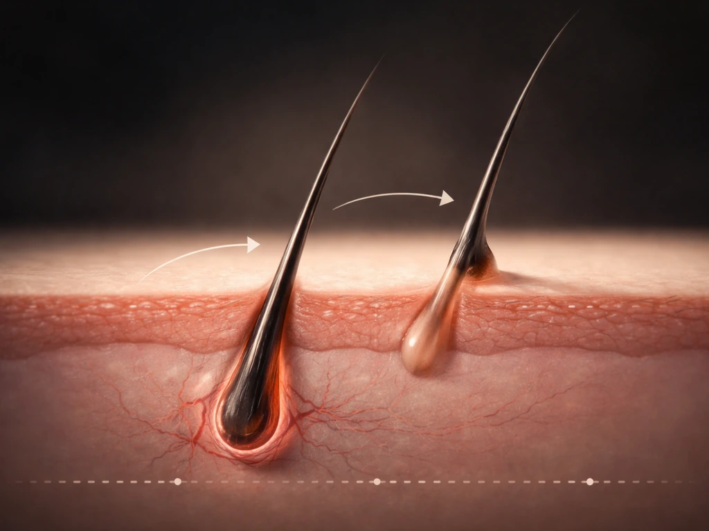 Macro view of a single eyelash follicle showing active growth, regression, and resting phases with simple arrows.