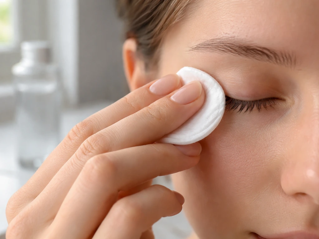 Hands applying clear micellar water to a lint-free pad, gently wiping along an eye’s lash line.