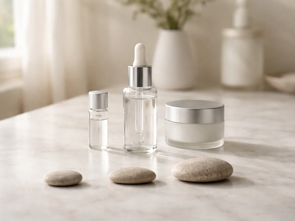 Close-up of an empty vanity tray with lash serum and a small timeline-like row of softly lit stones