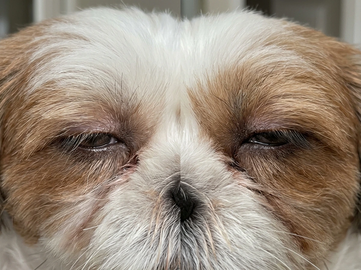 Side-by-side comparison showing sparse lashes then regrown lashes on a Shih Tzu