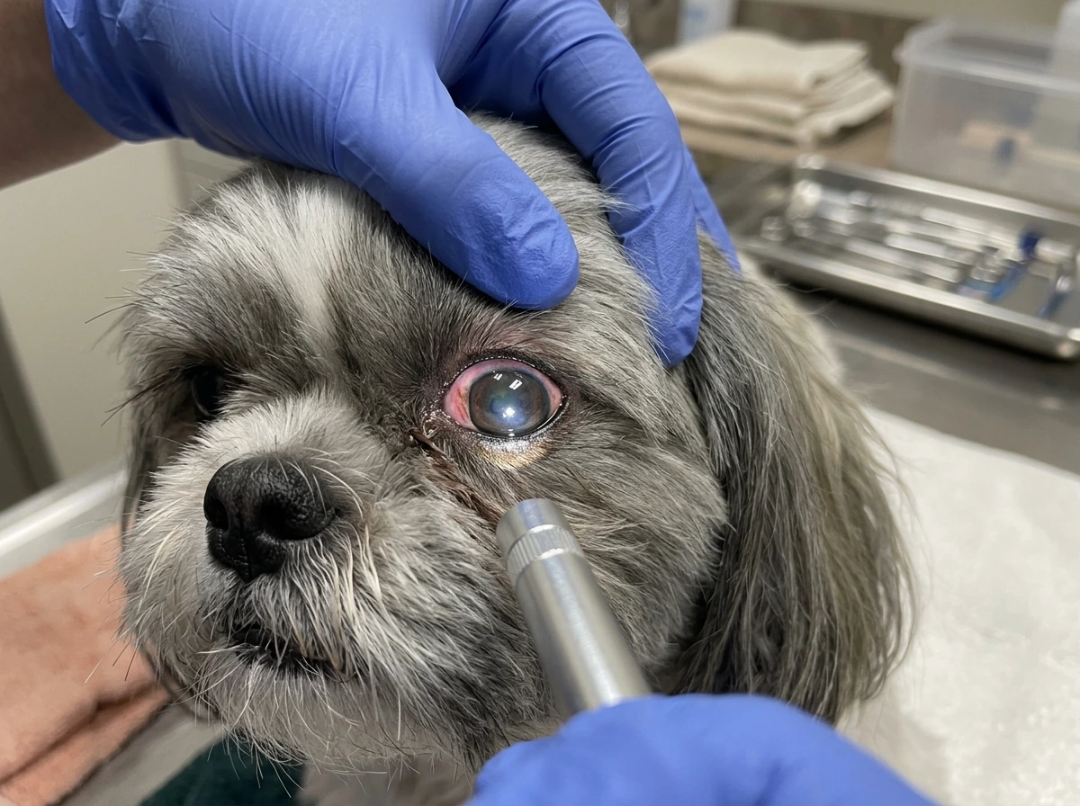 Eye exam close-up showing tear-film dryness associated with Shih Tzu dry eye