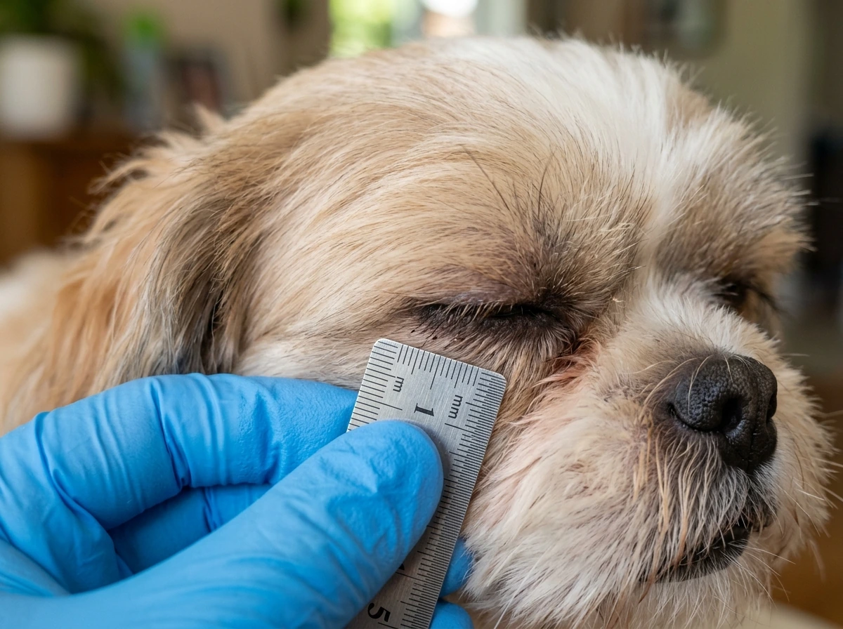 Close-up of Shih Tzu lash regrowth at an early stage with tiny lash stubs
