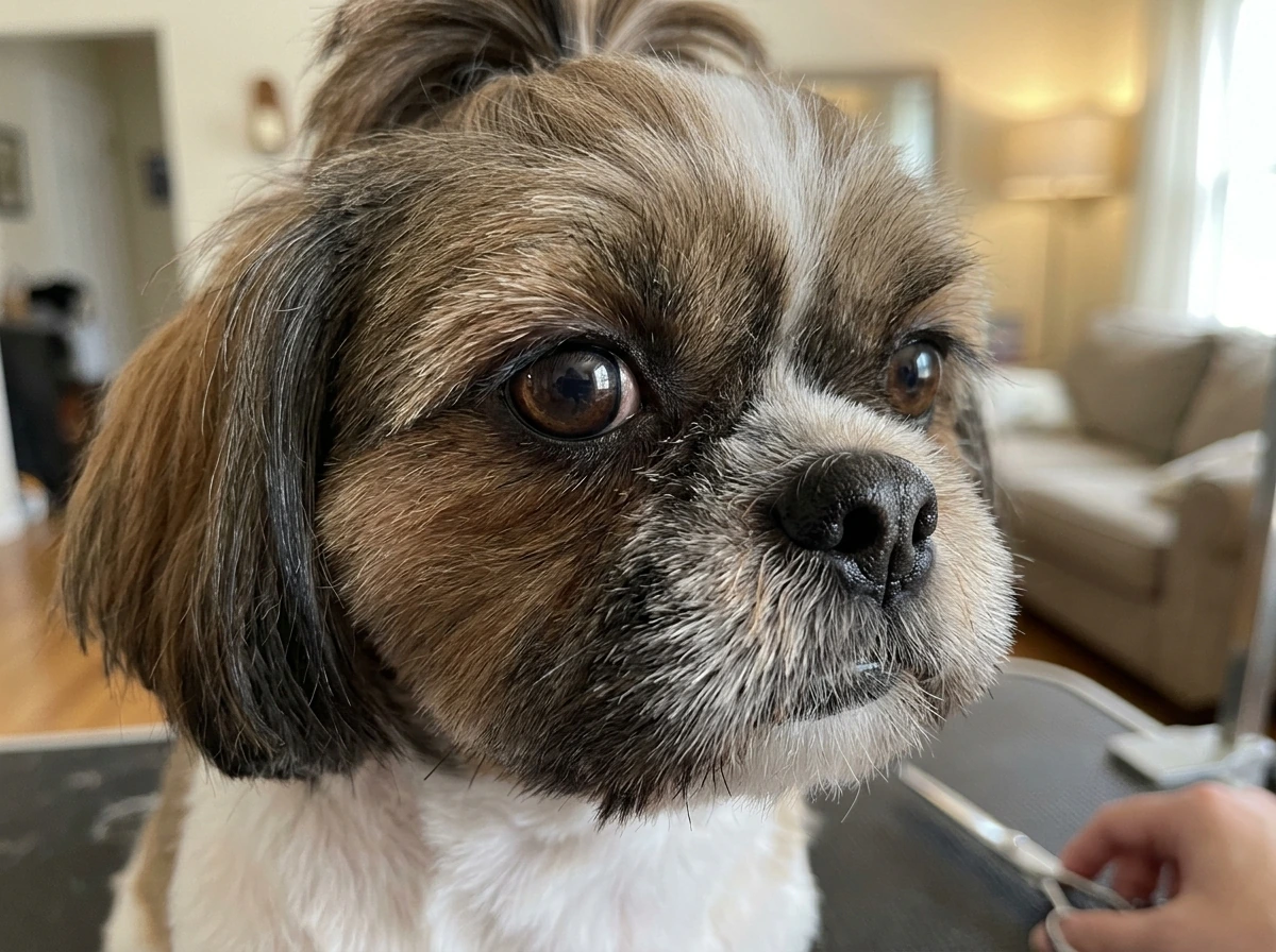 Shih Tzu with trimmed hair around the eyes to protect the eye area