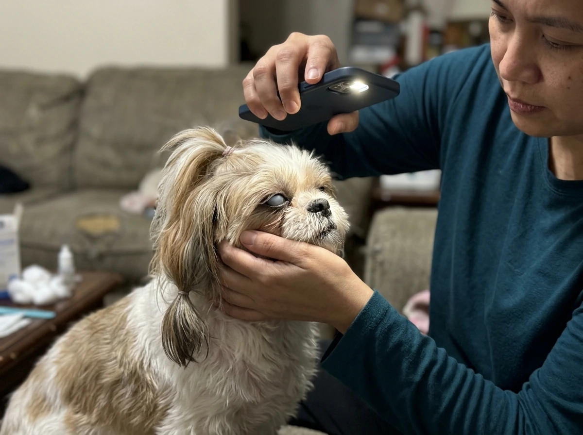 Shih Tzu squinting with hazy eye appearance signaling an urgent vet visit