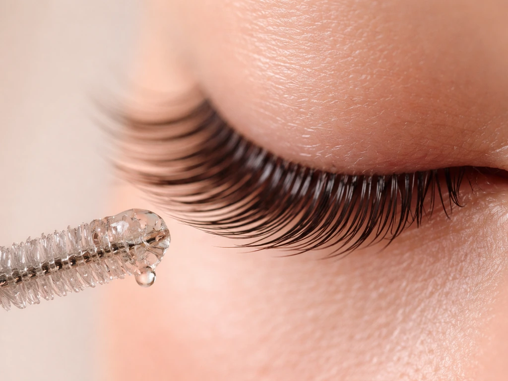 Close-up of natural eyelashes with a small spoolie applying coconut oil