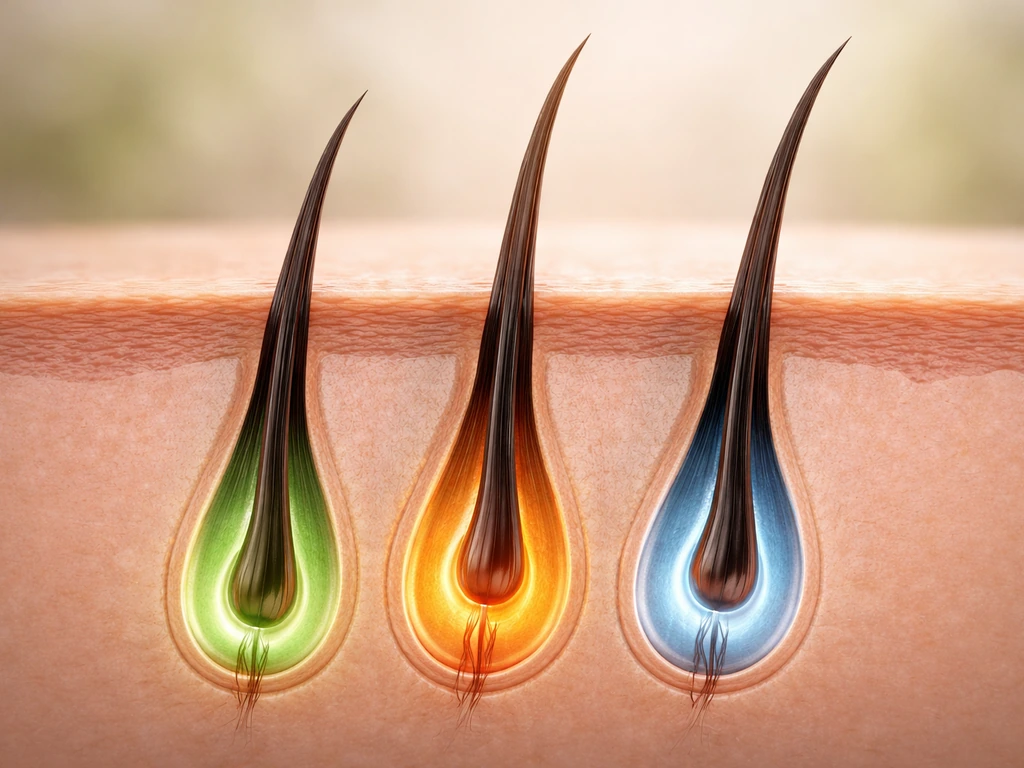 Close-up cross-section of an eyelash follicle showing three growth-cycle phases in simple, realistic detail.