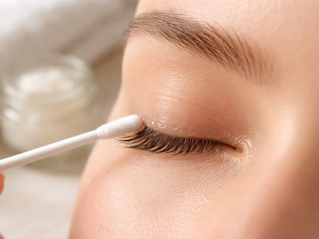 Close-up of a cotton swab applying a tiny amount of coconut oil along the lash line