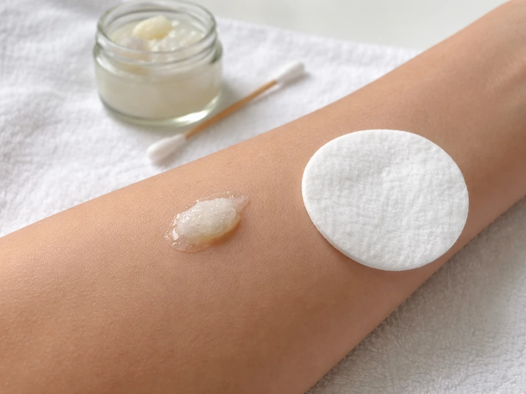 Inner forearm patch test setup with coconut oil and a cotton barrier pad nearby.