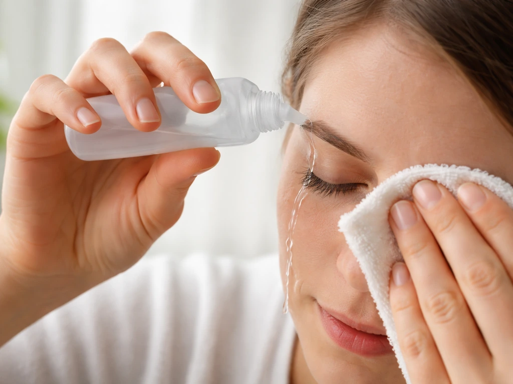 Person gently holding a warm compress over a closed eye and rinsing with sterile saline, no rubbing.