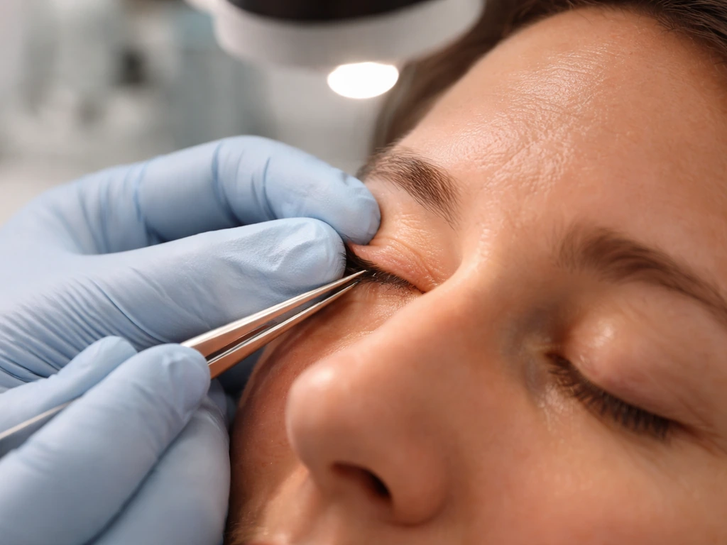Clinician’s gloved hand removing a misdirected eyelash with fine forceps under slit-lamp light.