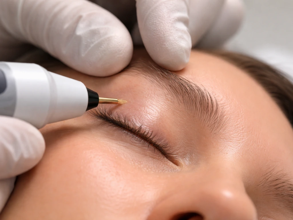 Close-up of a clinician stabilizing an eyelid while a radiofrequency/electrolysis device targets lash follicles.