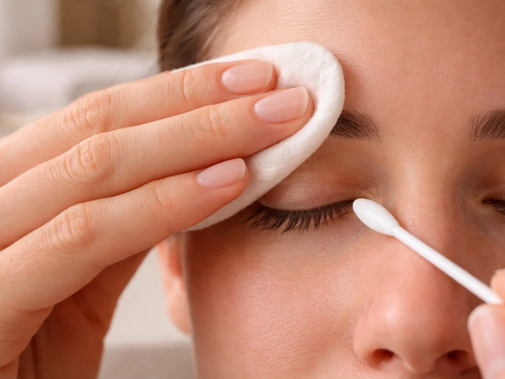 Close-up of hands holding a warm compress pad over an eye and cleaning along the lash line