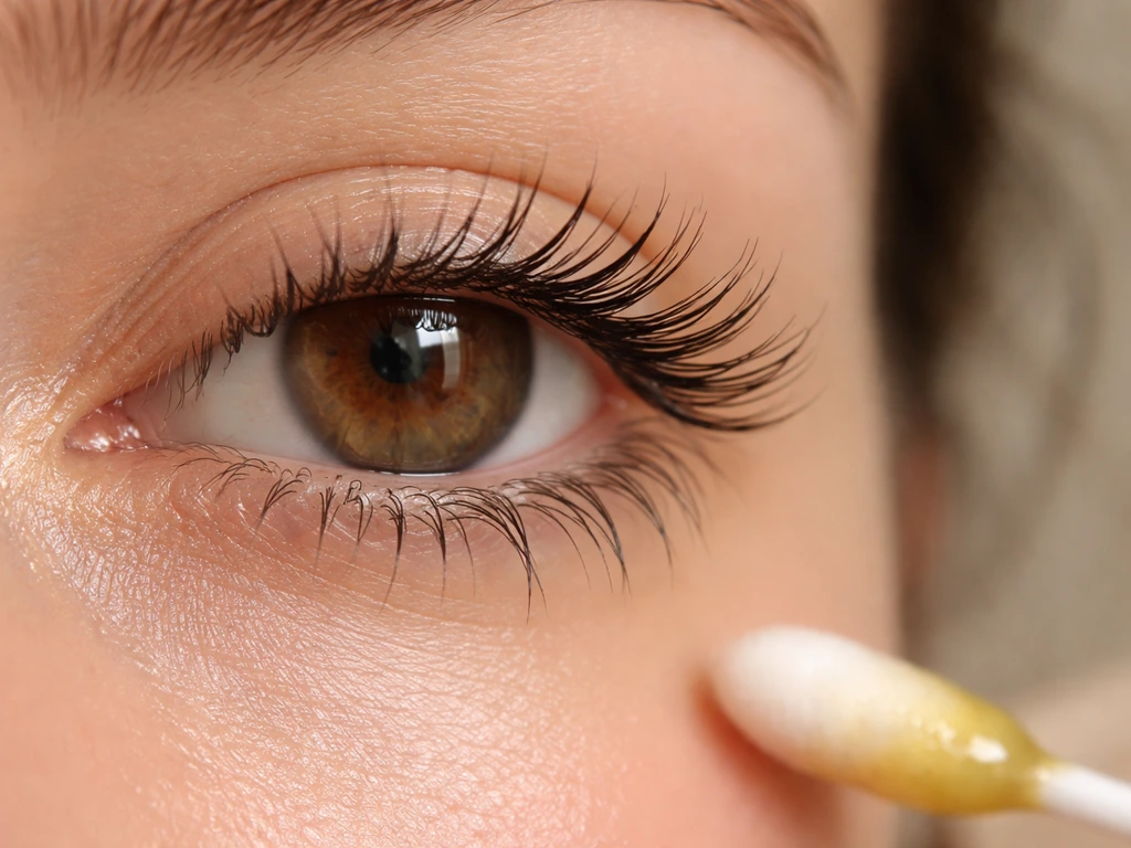 Close-up of clean lashes with subtle oil sheen, contrasting soft, hydrated lashes vs dry, brittle tips.