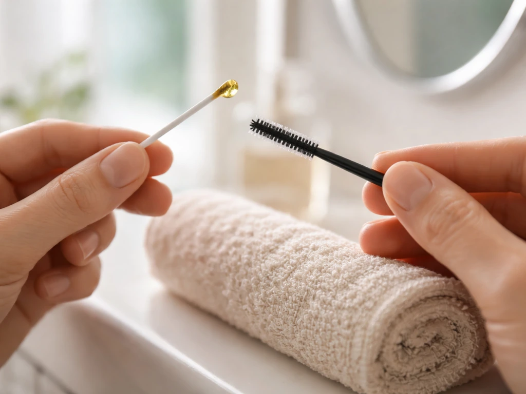 Hands holding a micro-brush and clean spoolie beside a rolled towel barrier near a mirror for safe lash oil use.