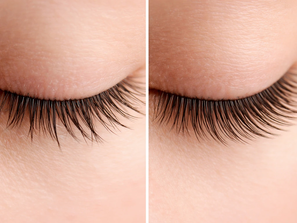 Split macro view of damaged sparse lashes on one side and healthier regrowing lashes on the other.