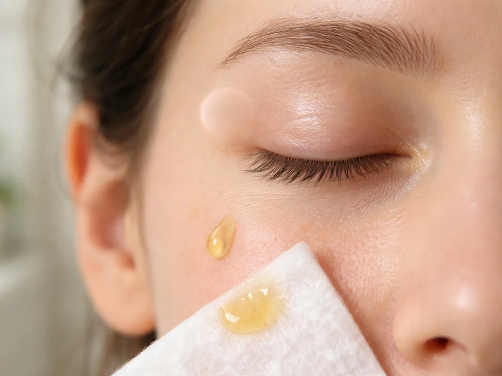 Close-up of eyelids with a tiny oil droplet avoided near the lash line, plus a small patch test on cheek