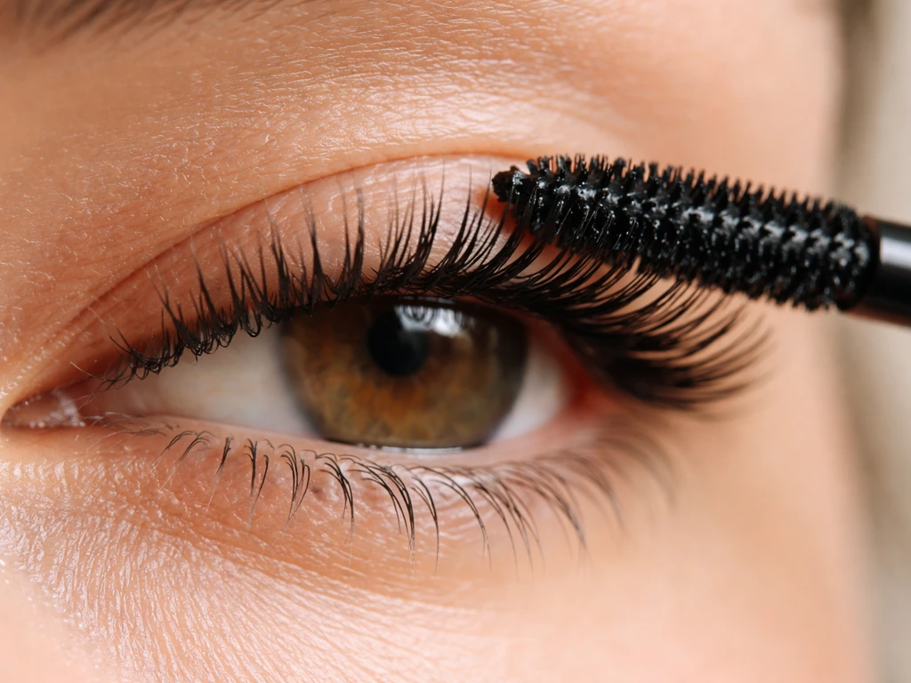 Macro close-up of mascara brush coating the lash line on separated upper lashes.