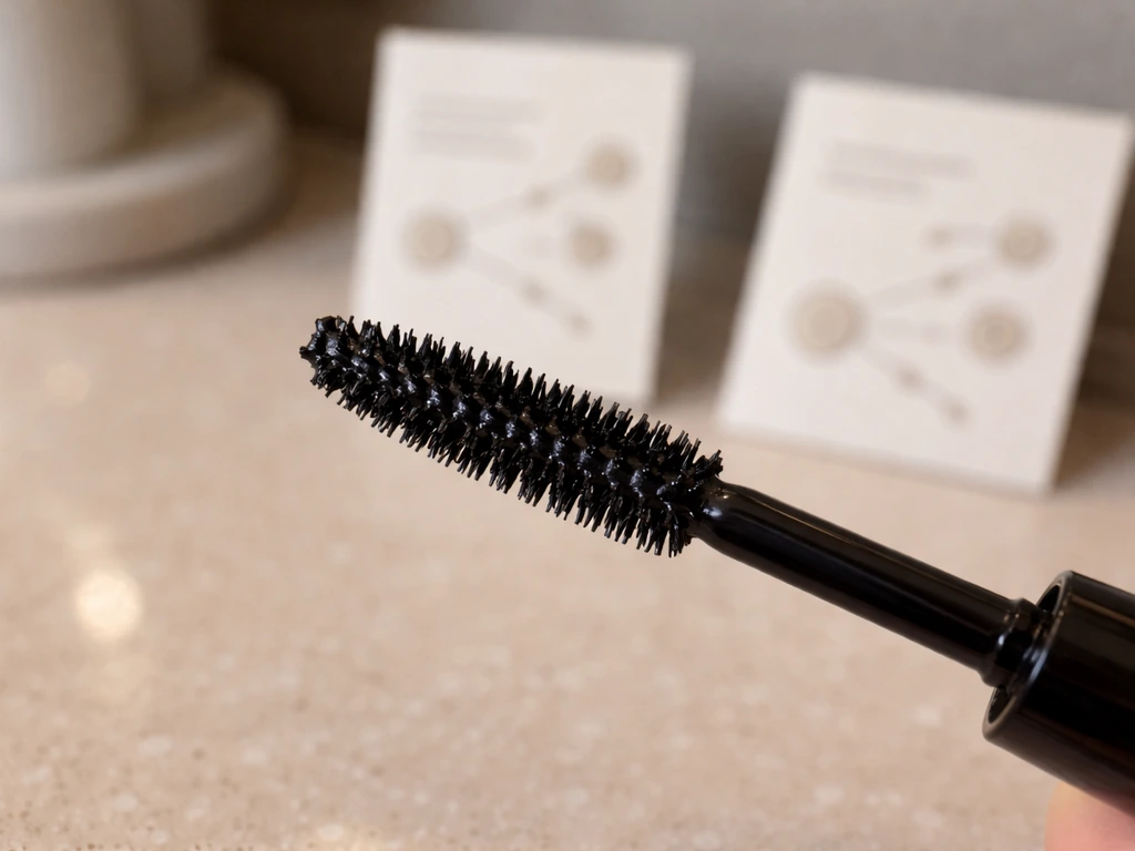 Macro close-up of a mascara wand with ingredient callout-style packaging in soft blur background.